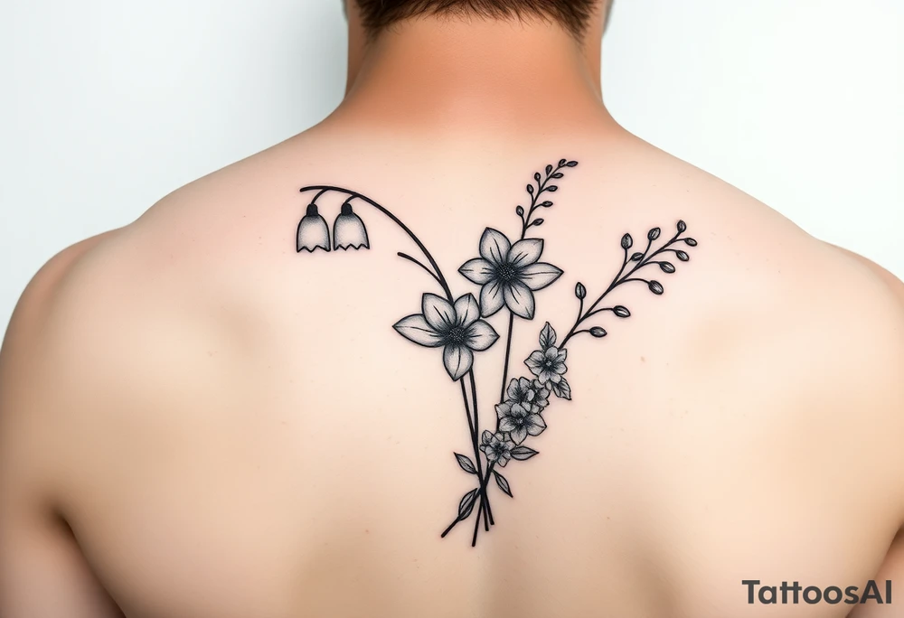 Minimalist design in black bunch of flowers 1 lily of the valley 1 daffodil 1 holly 1 larkspur tattoo idea