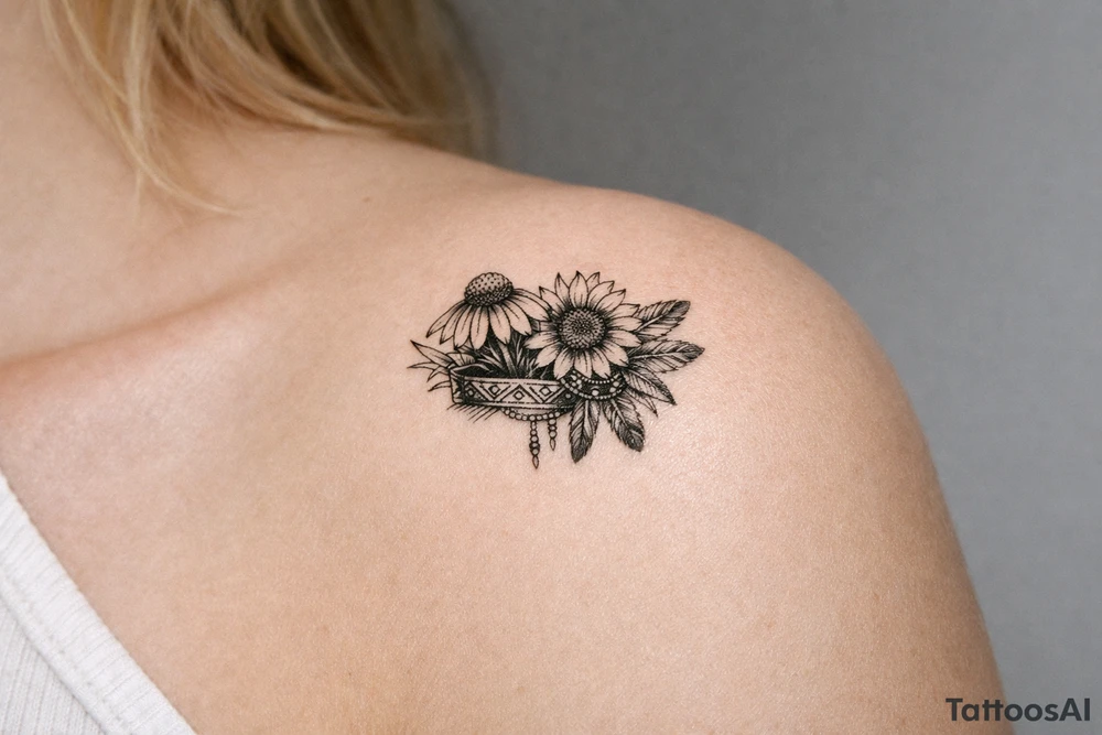 Coneflower and sunflower with feathers and female Indian headband ribbon tattoo idea