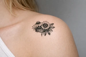 Coneflower and sunflower with feathers and female Indian headband ribbon tattoo idea