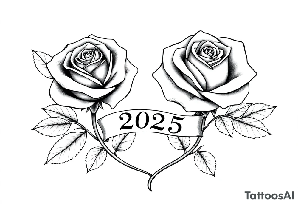 two beautiful large rose buds, one larger than the other, with many leaves next to the rose buds, with one sitting higher than the other. Include a banner connecting the two roses with the year "2025" on it.   Use dark outlines with little shading. The two stems should be short, not long, and connect and join into one stem, whimsically curved or twisted - not straight down. tattoo idea