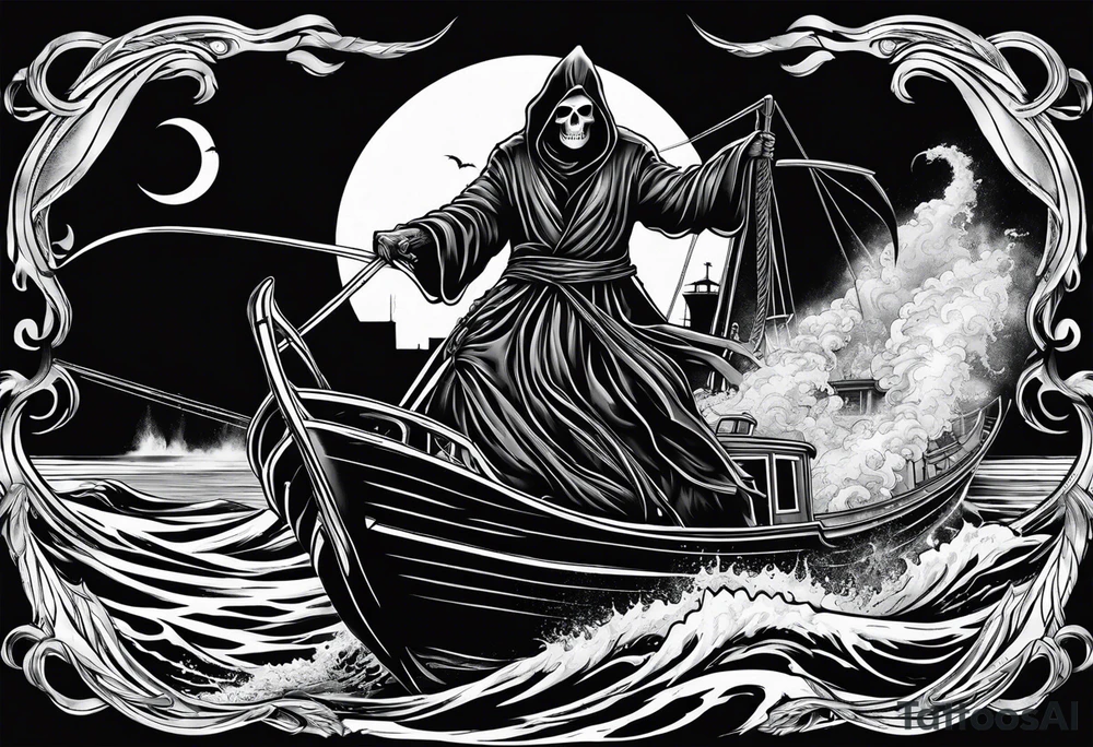 Grim reaper riding a ferry with a kraken underneath tattoo idea Grim reaper riding a ferry with a kraken underneath tattoo idea