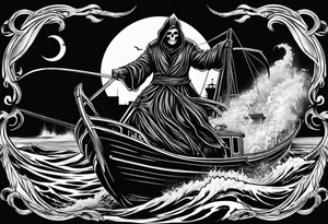 Grim reaper riding a ferry with a kraken underneath tattoo idea