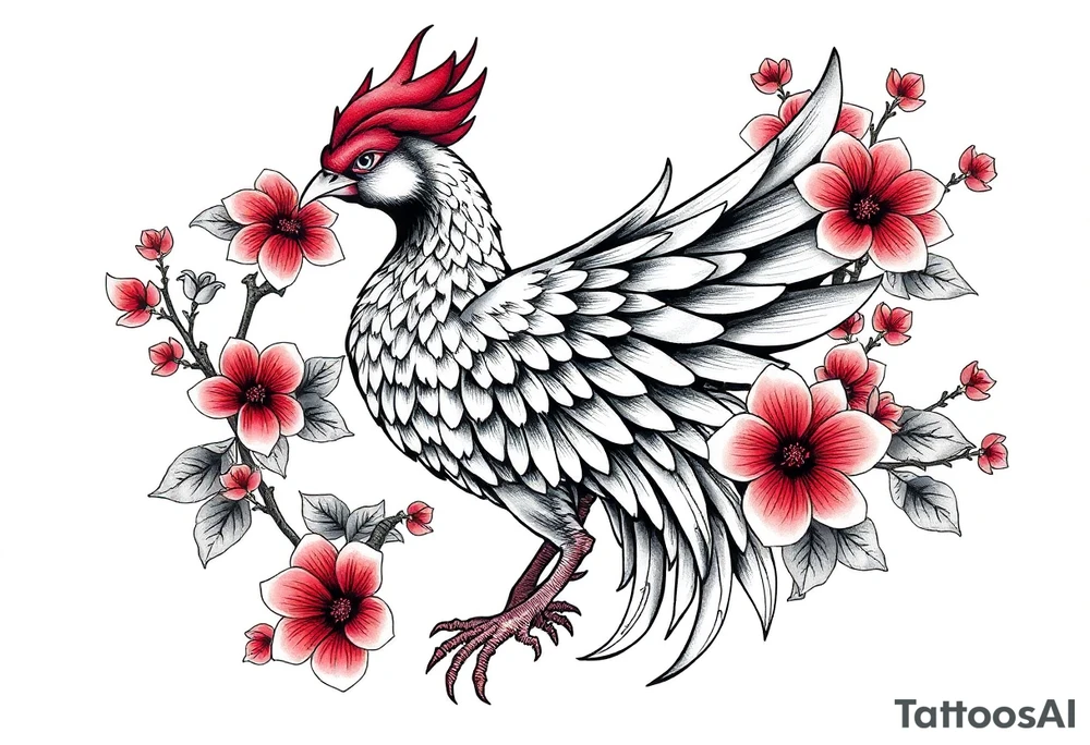 powerful majestic japanese phenix surrounded by marple leaf and cherry blossom tattoo idea