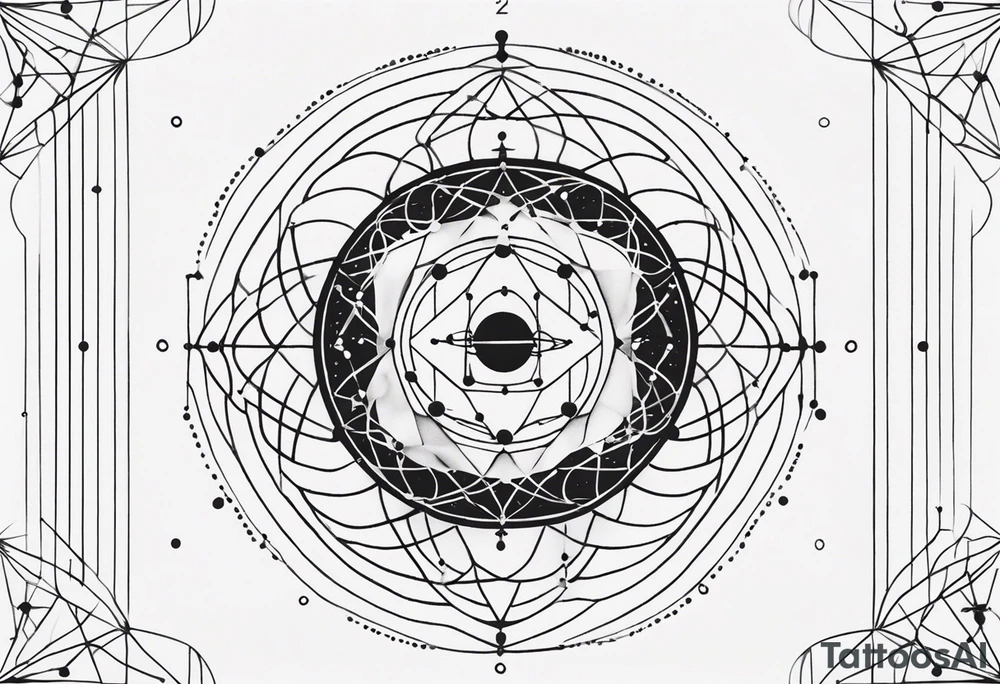 A fine-line tattoo in black ink with geometric and abstract details. The central design features a stylized atom model with the dopamine molecular formula (C8H11NO2) in the center. The electrons orbit around the nucleus, symbolizing movement and energy. The orbits are drawn with soft, slightly imperfect lines, interwoven with geometric elements such as circles, hexagons, and thin arrows. In the background, include small technical symbols inspired by physics and chemistry, such as dots, crosses, dashed lines, and abstract details. At the base, add a subtle representation of hands or delicate gestures that convey scientific or introspective connection, similar to the style of the third tattoo. Ensure the design is balanced and harmonious, with a contemporary and artistic aesthetic. tattoo idea