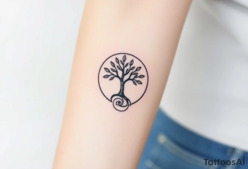A tree in a circle,
 with fee leaves, with an outward  spiral as its roots tattoo idea