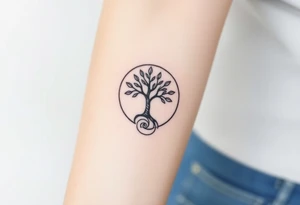 A tree in a circle,
 with fee leaves, with an outward  spiral as its roots tattoo idea