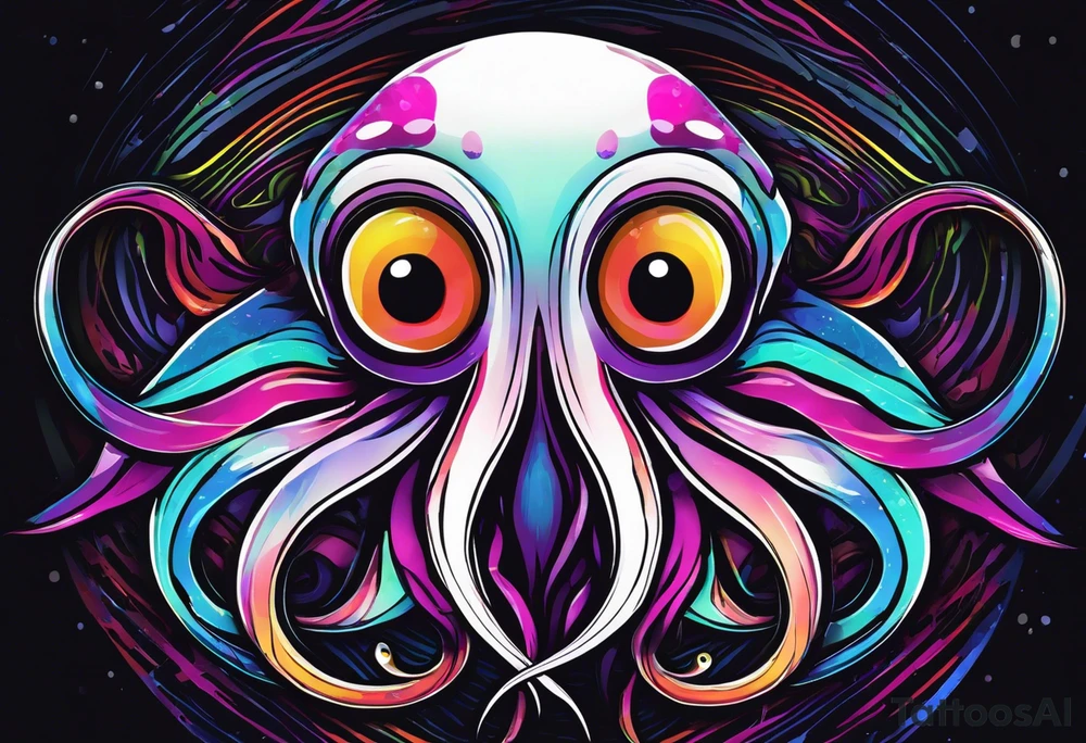 The equivalent of a horror and bizarre squid avatar. This avatar is made up of colorful, twisting and intersecting lines, making it look very wild and chaotic. The eyes of the squid are particularly prominent, one of them is white and the other is black, the overall expression is crazy and intense, with some distressed or damaged texture effects. tattoo idea