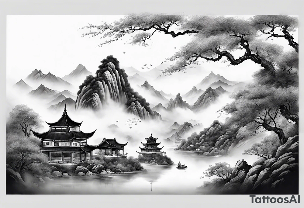 forearm sleeve traditional chinese art painting style autumn mountains mist fog water Chinese temple 2 males wearing robes seated drinking tea tattoo idea