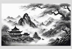 forearm sleeve traditional chinese art painting style autumn mountains mist fog water Chinese temple 2 males wearing robes seated drinking tea tattoo idea