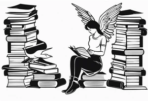 Small tattoo for shoulder. Women Angel kneeling next to open stack of books with bird silhouettes flying out of the book. tattoo idea