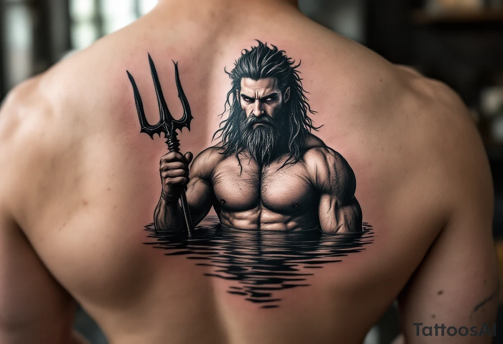 young, fit poseidon in calm water, behind a trident, holding a beer, looking at you tattoo idea