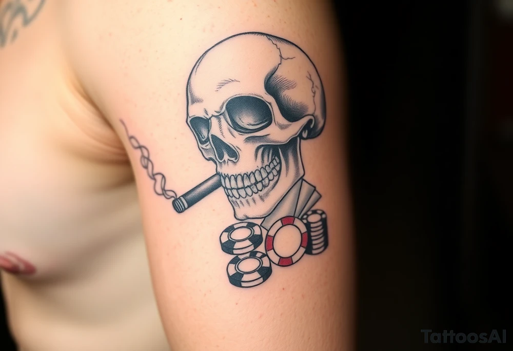skull with smoking cigar in mouth,playing cards,pokerchips,a lot of money. tattoo idea