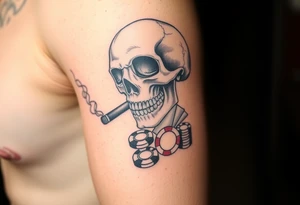skull with smoking cigar in mouth,playing cards,pokerchips,a lot of money. tattoo idea