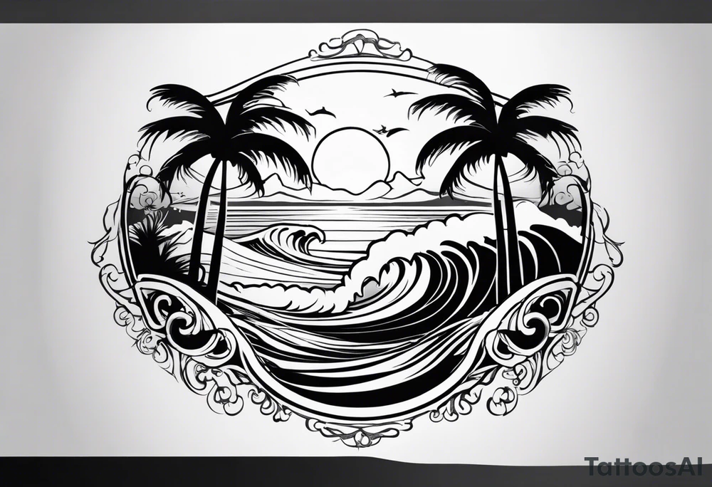 Design a large chest tattoo featuring a crashing wave at the center, with palm trees gracefully positioned on either side. The ocean’s curves should integrate names written in flowing script, resembling water movements. The overall style is serene and meaningful, combining family elements with nature. tattoo idea