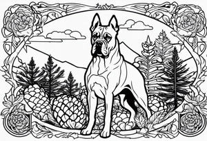 name boxer dog Waylon date 9/15/23 pinecones and trees tattoo idea