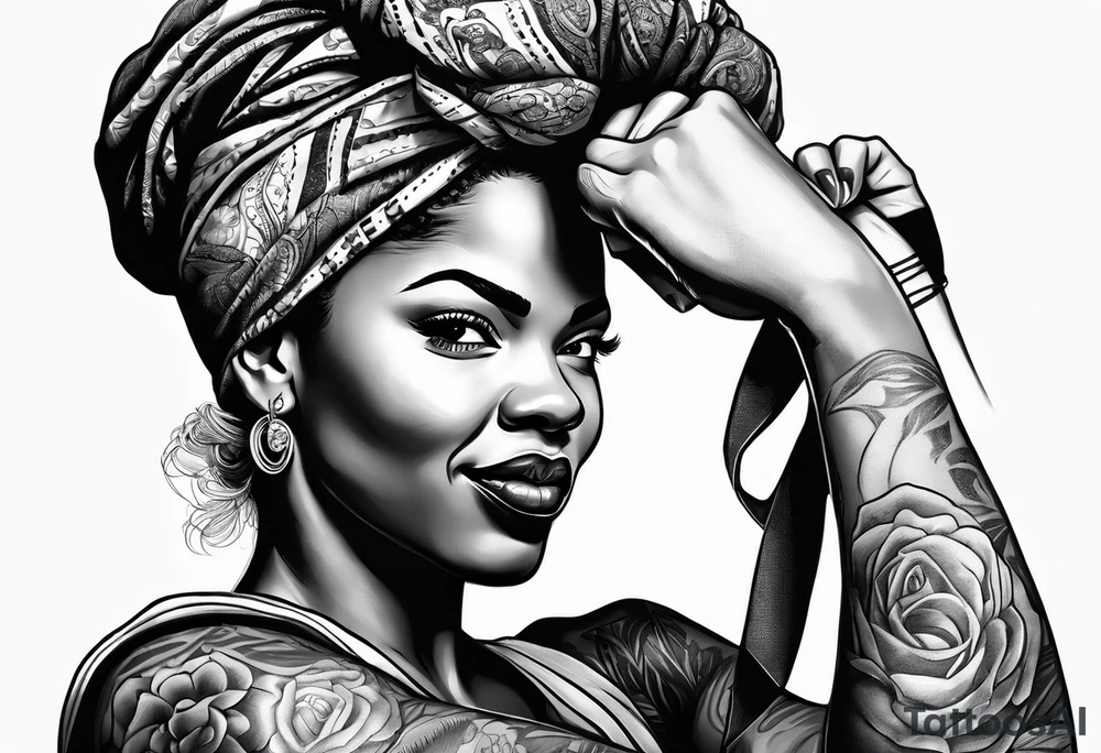 Beautiful black Rosie the riveter, making a muscle, realistic, wearing a bandanna, tied backwards, tattoo idea