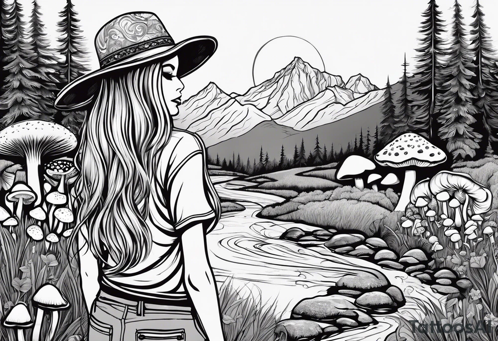 Straight long blonde hair hippie girl in distance holding mushrooms in hand facing away toward mountains and creek surrounded by mushrooms tee shirt and hiking pants tattoo idea