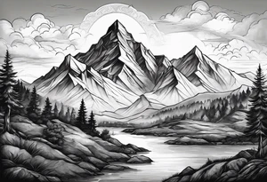 A detailed mountain range with hidden elements like a tiny Triforce subtly placed within the landscape, perhaps in the shadows or as part of the mountain texture. tattoo idea