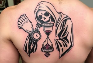 Simple grim reaper looking at a watch on his wrist with a hourglass with red sand and diamond geometric shapes for the thigh tattoo idea