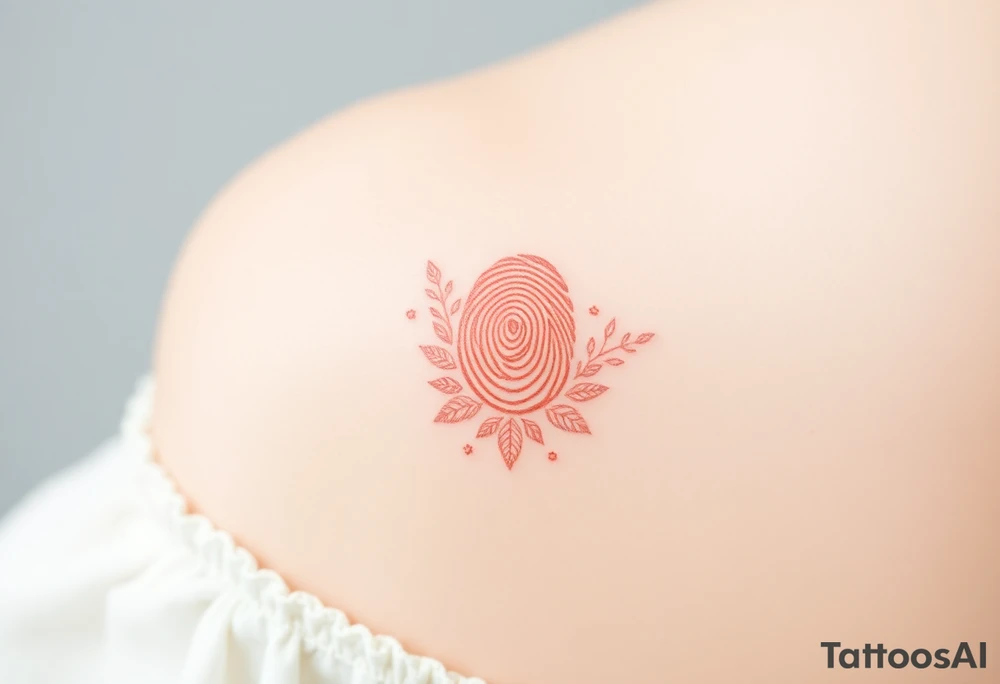 A fingerprint with tiny, delicate lace details in soft beige and blush pink surrounding it tattoo idea