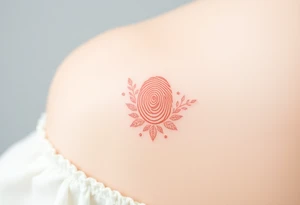 A fingerprint with tiny, delicate lace details in soft beige and blush pink surrounding it tattoo idea