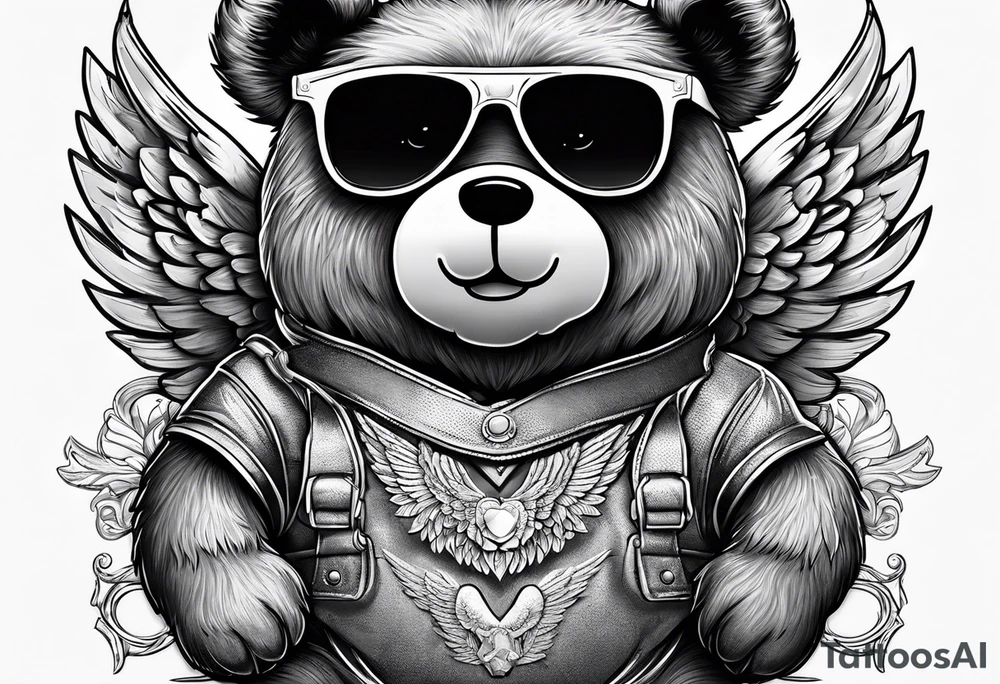 Teddy bear with angel wings wearing sunglasses holding a hammer tattoo idea