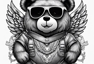 Teddy bear with angel wings wearing sunglasses holding a hammer tattoo idea