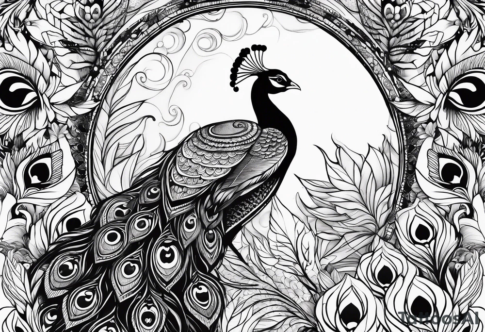 pen and moon and peacock feather tattoo idea
