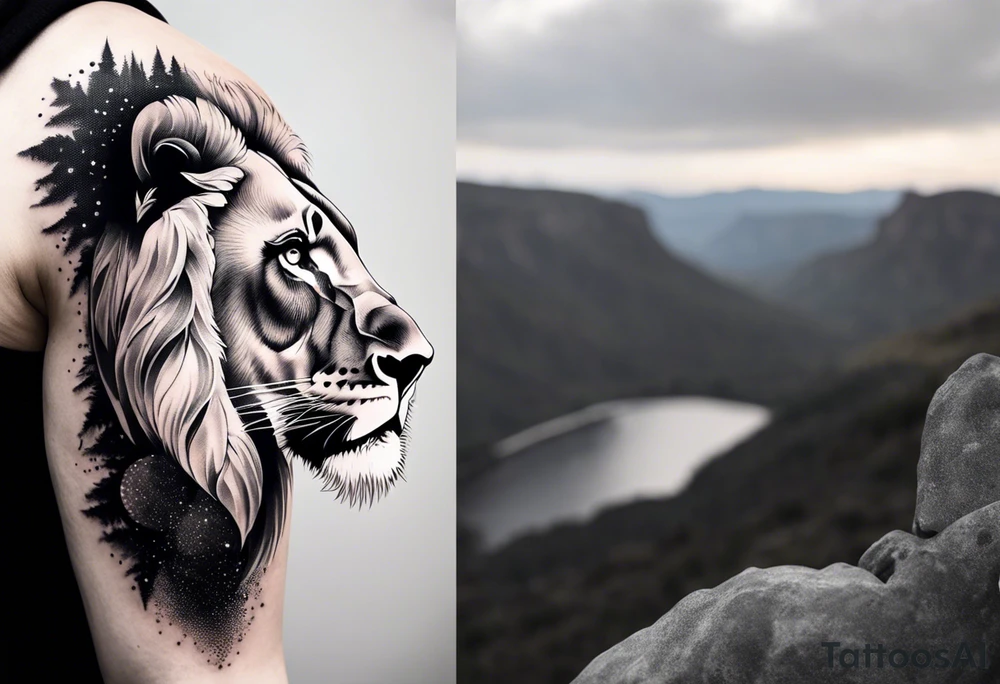 shoulder sleeve with lion and cub, landscape background tattoo idea