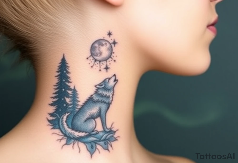 lone wolf howling at full moon with northern lights backdrop tattoo idea