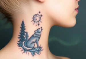 lone wolf howling at full moon with northern lights backdrop tattoo idea