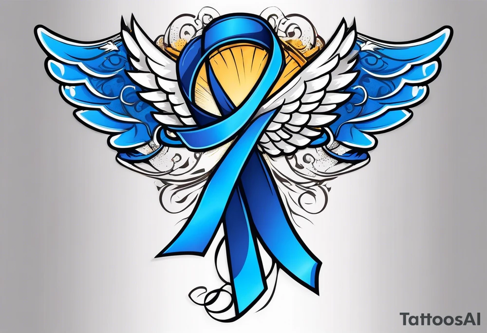 Blue colon cancer ribbon with angel winds and flag blend in tattoo idea