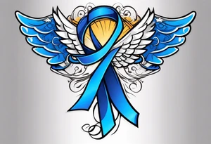 Blue colon cancer ribbon with angel winds and flag blend in tattoo idea