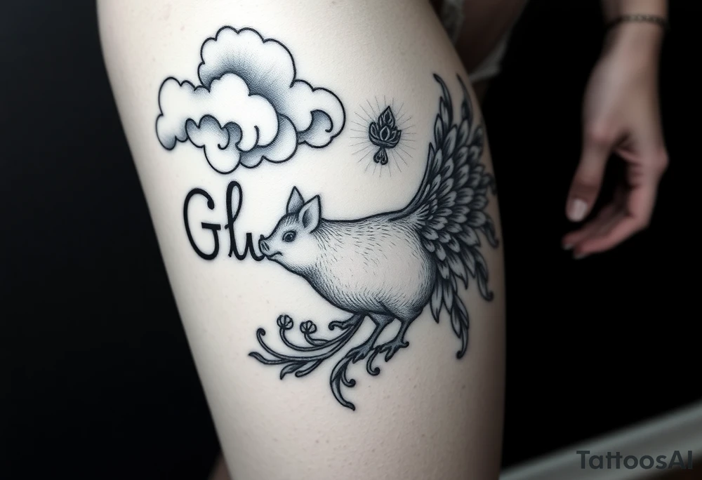 Storm clouds the word gluttony and sexy pig fat woman, peacock, money , envy, wrath, tattoo idea