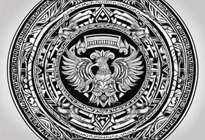 greek spartan shield surrounded by tribal pattern tattoo idea