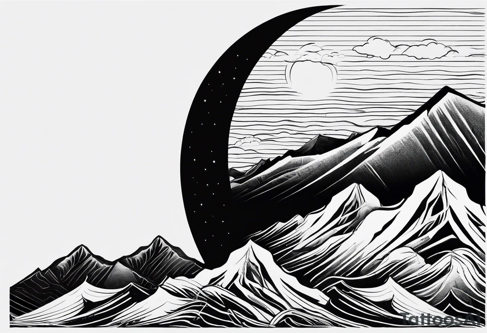 Mountain Range coming Out of the sea and Clouds. Sunrise in Front of it. Half moon and night Sky above the Mountains. tattoo idea