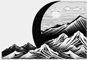 Mountain Range coming Out of the sea and Clouds. Sunrise in Front of it. Half moon and night Sky above the Mountains. tattoo idea