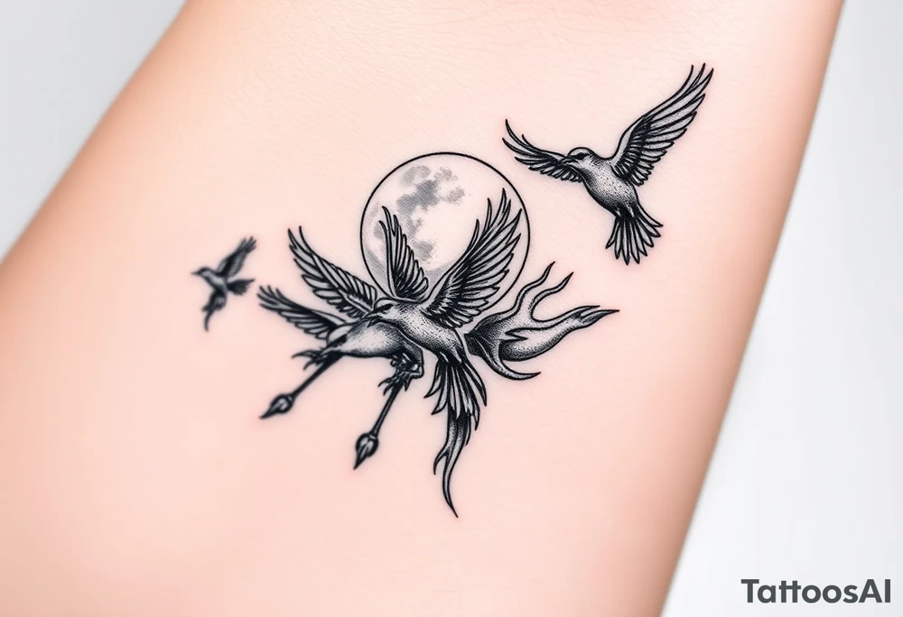 5 birds, the moon, flying, flames as filler tattoo idea