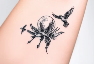 5 birds, the moon, flying, flames as filler tattoo idea
