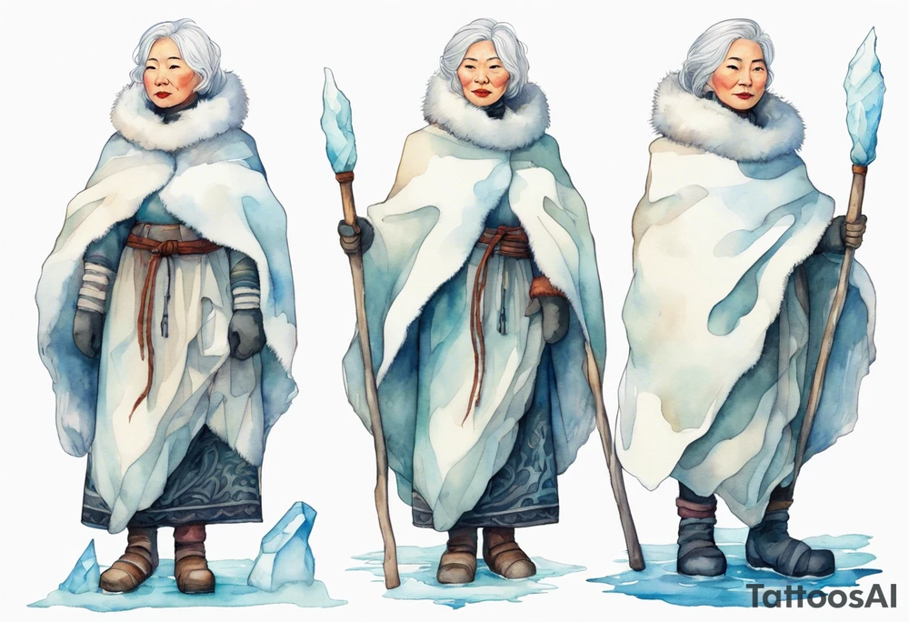 a middle aged Inuit woman with white hair, wearing mittens, mukluks, and a white cloak. Holding a white staff. Standing on an iceberg in the sea tattoo idea