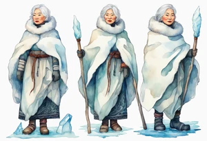 a middle aged Inuit woman with white hair, wearing mittens, mukluks, and a white cloak. Holding a white staff. Standing on an iceberg in the sea tattoo idea