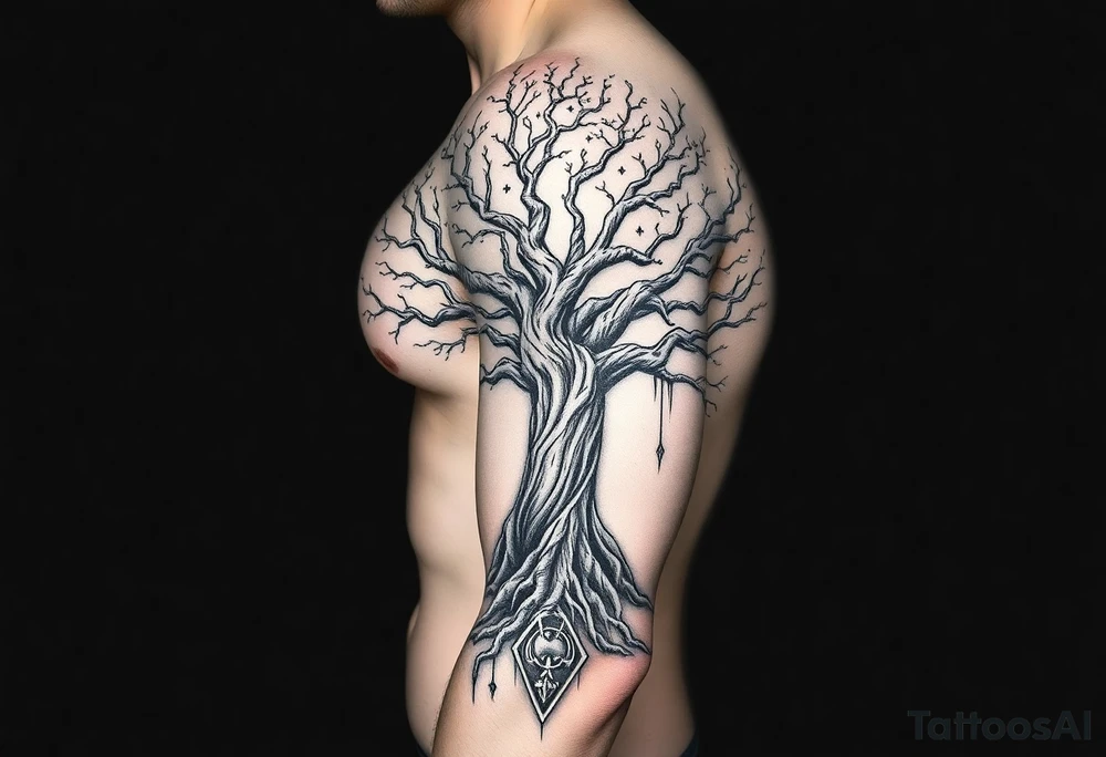 mystical tree of life with cosmic roots and celestial branches tattoo idea