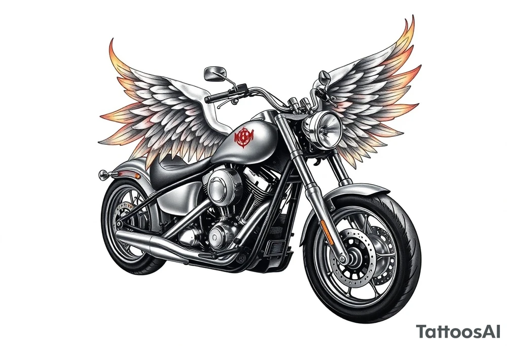 Low rider grey motorcycle, flames, angel wings tattoo idea