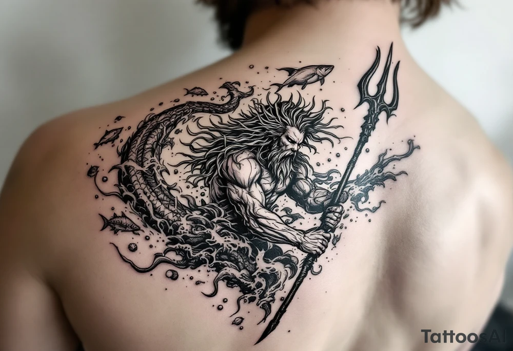 poseidon with trident, surrounded by water and marine life tattoo idea