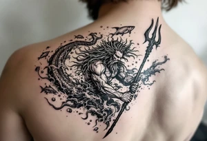 poseidon with trident, surrounded by water and marine life tattoo idea