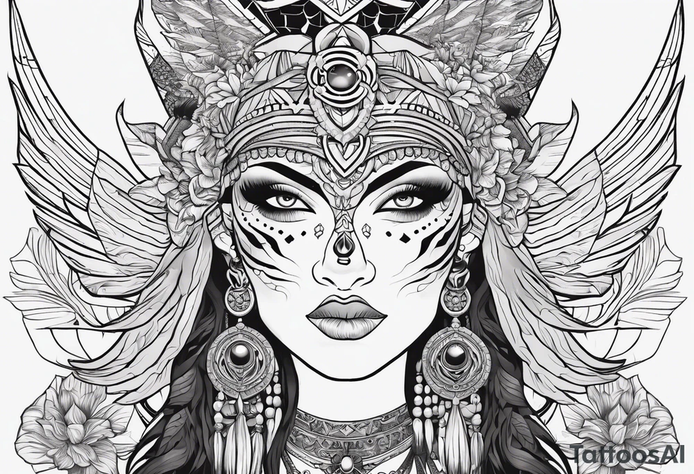 kali, alien goddess, valkrye, pirate, zenza resonance, pachamama, lotus, blank panther, eagle, skull, 5D, nueva gaya tattoo idea