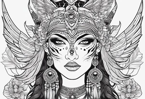 kali, alien goddess, valkrye, pirate, zenza resonance, pachamama, lotus, blank panther, eagle, skull, 5D, nueva gaya tattoo idea