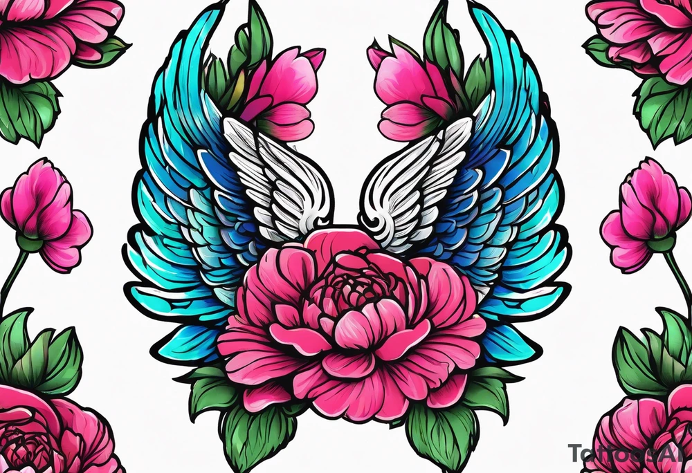 beautiful colorful neon angel wings, surrounded by beautiful peonies, new school style, streetwear, urban wear, white background tattoo idea