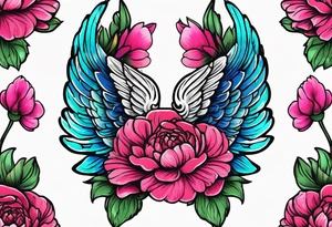 beautiful colorful neon angel wings, surrounded by beautiful peonies, new school style, streetwear, urban wear, white background tattoo idea