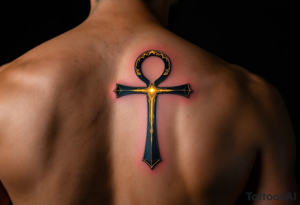 A deep black Ankh wrapped in golden filigree, with a subtle glow radiating from its edges, representing strength and elegance. tattoo idea